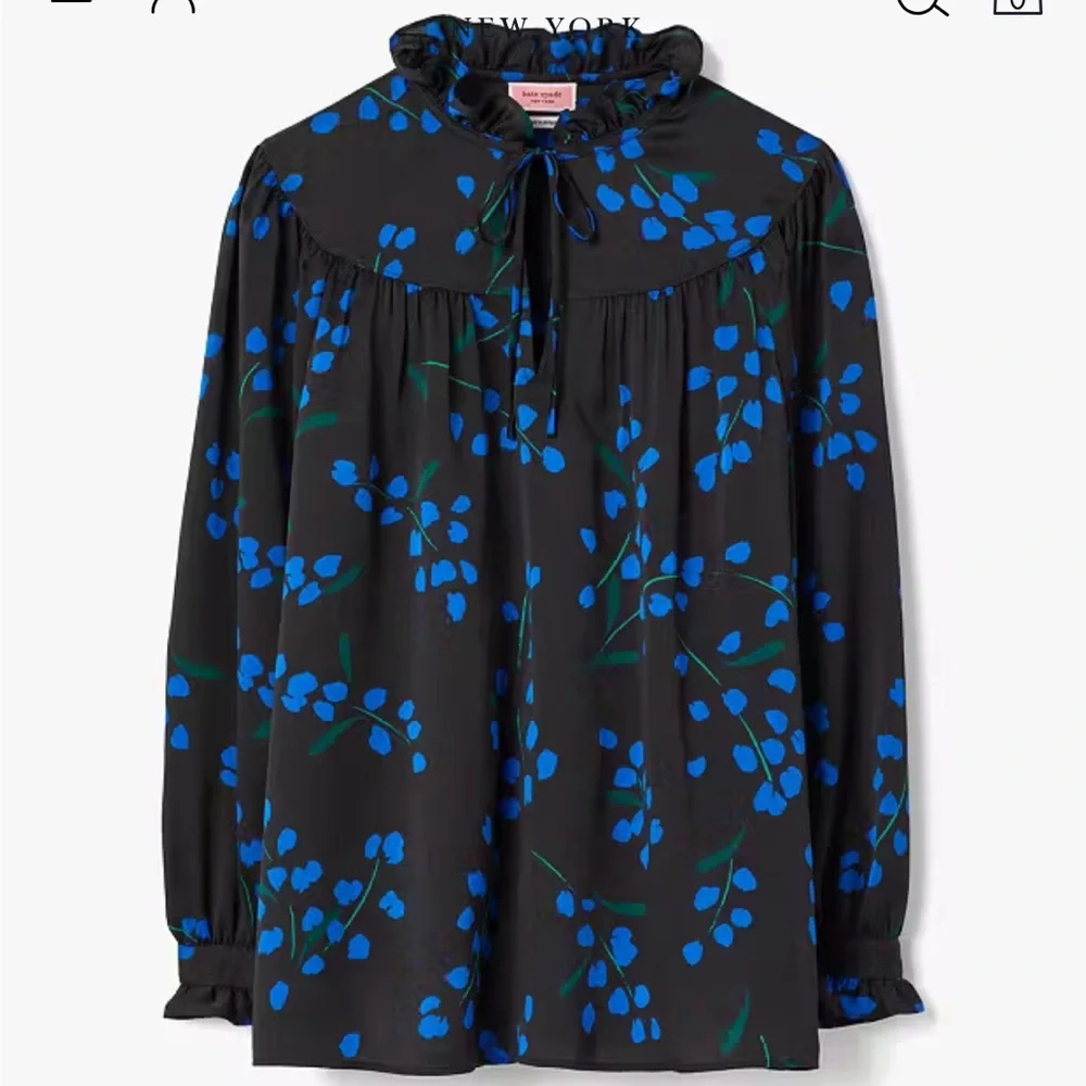 NEW Kate Spade Seabreeze Floral Ruffle Blouse Top Long Sleeve Black Blue - Picture 5 of 13